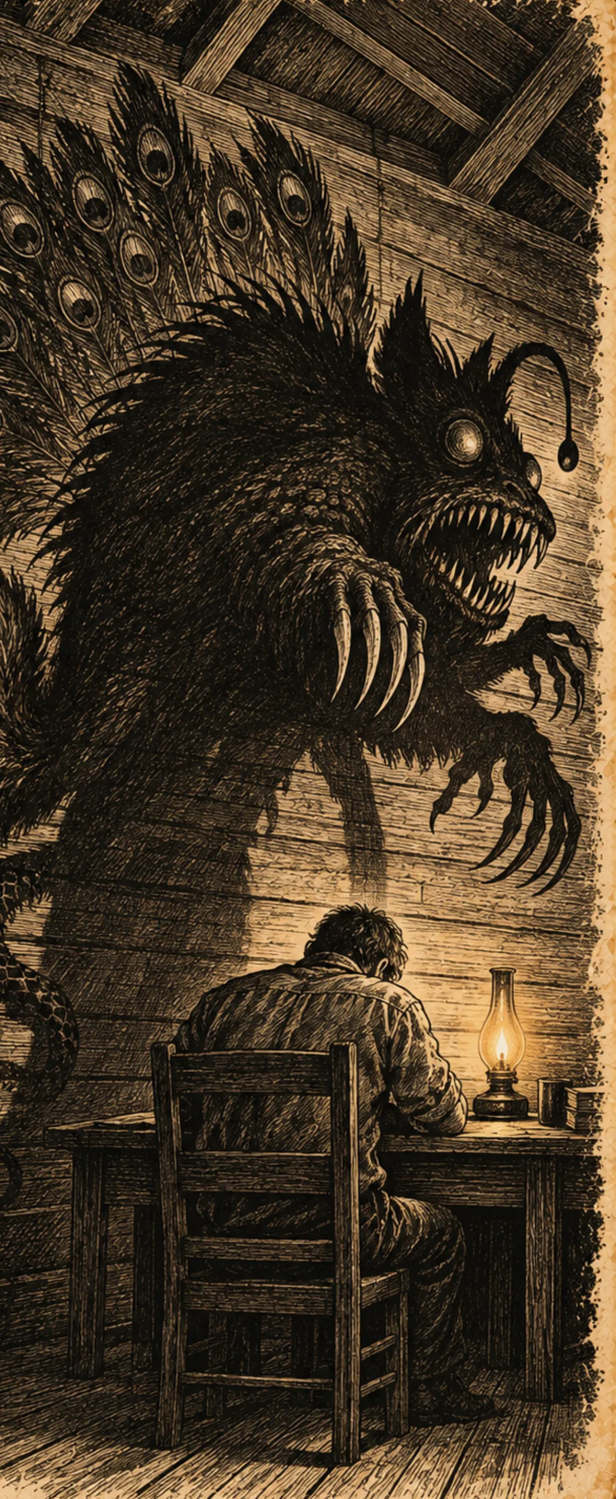 The Apex Predator: a man at a table by lamplight, and on the cabin wall behind him a shadow built from every beast in the book.