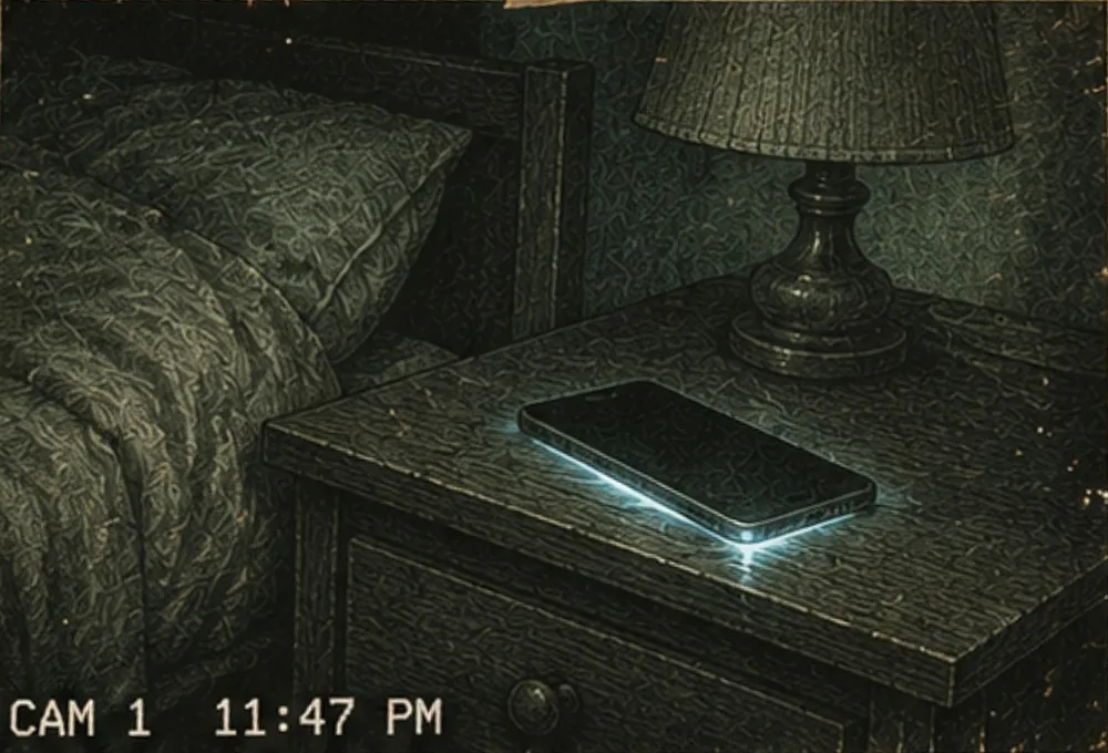 Trail cam print, 11:47 PM: a phone glowing face down on a nightstand.