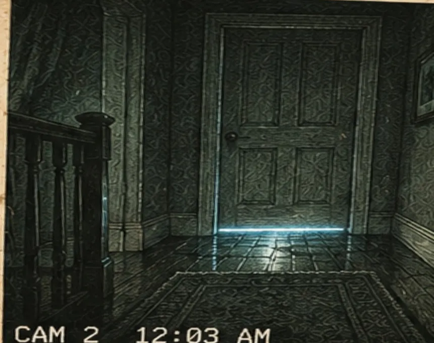 Trail cam print, CAM 2, 12:03 AM: blue light under a door at the end of a dark hall.