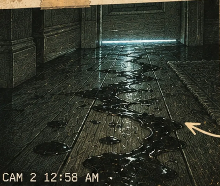 Trail cam print, CAM 2, 12:58 AM: a wet trail across the hall floor.