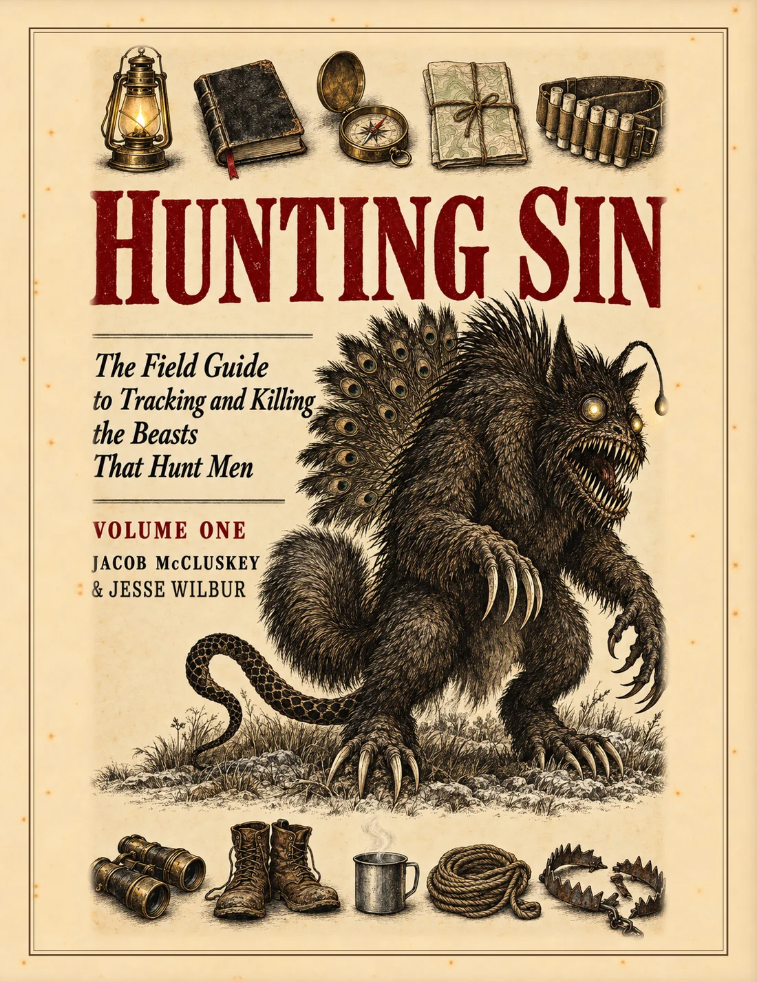 The book cover of Hunting Sin, Volume One, by Jacob McCluskey and Jesse Wilbur: a monstrous beast built from every beast in the book, between rows of field gear.