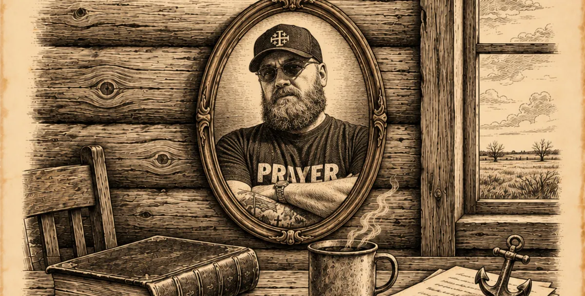 Engraved desk scene with a portrait of Jacob McCluskey in an oval frame, a Bible and a mug of coffee.