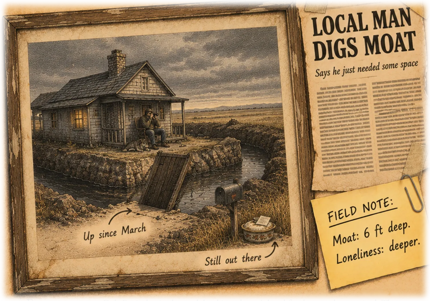 From the Lone Wolf chapter: a framed picture of a house with a moat and a chained drawbridge, a newspaper clipping reading Local Man Digs Moat, and a field note reading Moat: 6 ft deep. Loneliness: deeper.