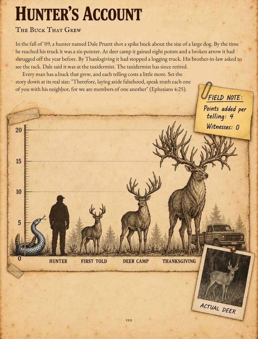 Page 122, The Buck That Grew: a chart of one spike buck growing with every telling.