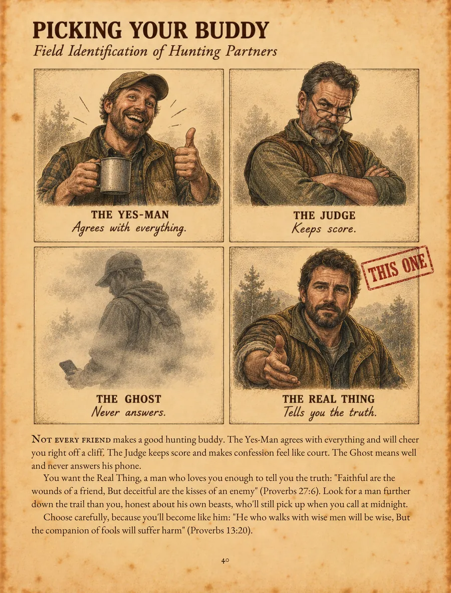 Page 40, Picking Your Buddy: four portraits labeled The Yes-Man, The Judge, The Ghost and The Real Thing.
