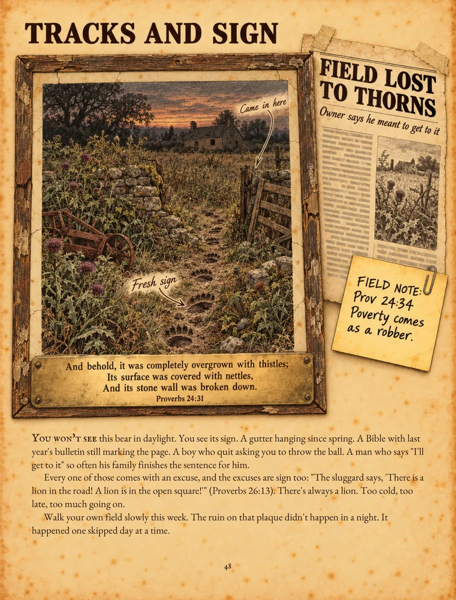 Page 48, Tracks and Sign: a framed overgrown field, a clipping reading Field Lost to Thorns, and a field note.