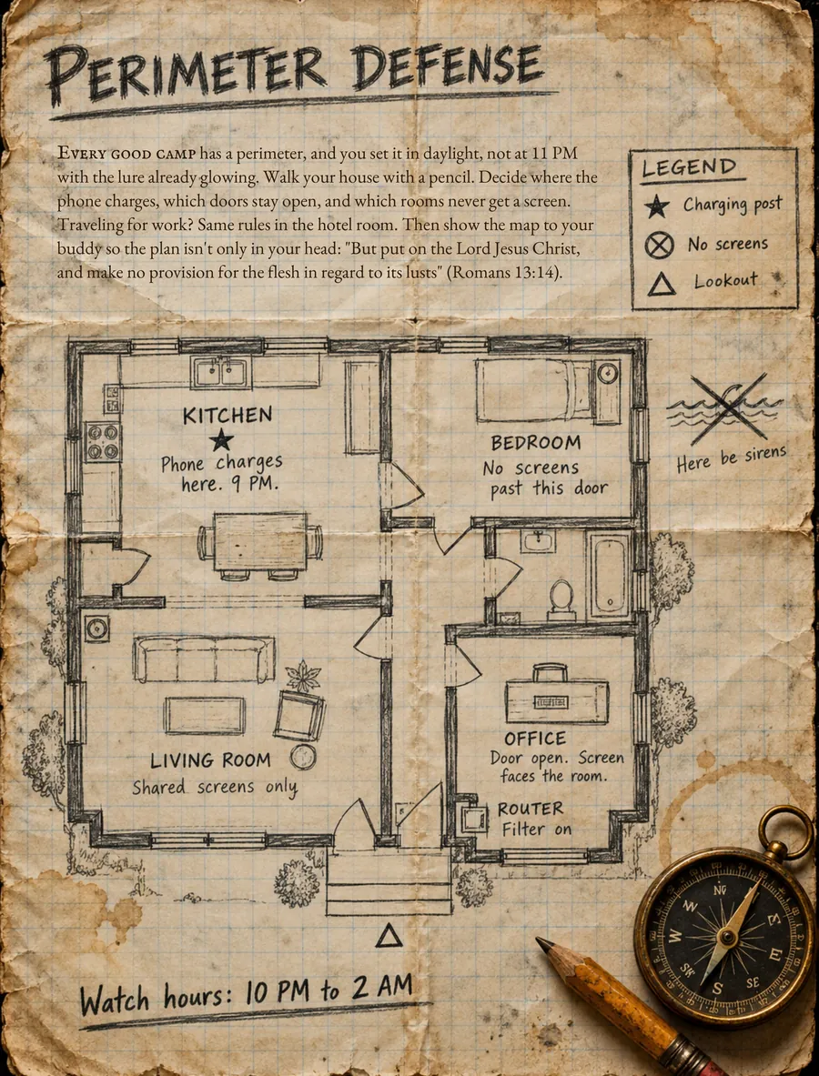 Page 63, Perimeter Defense: a house floor plan drawn as a camp map.