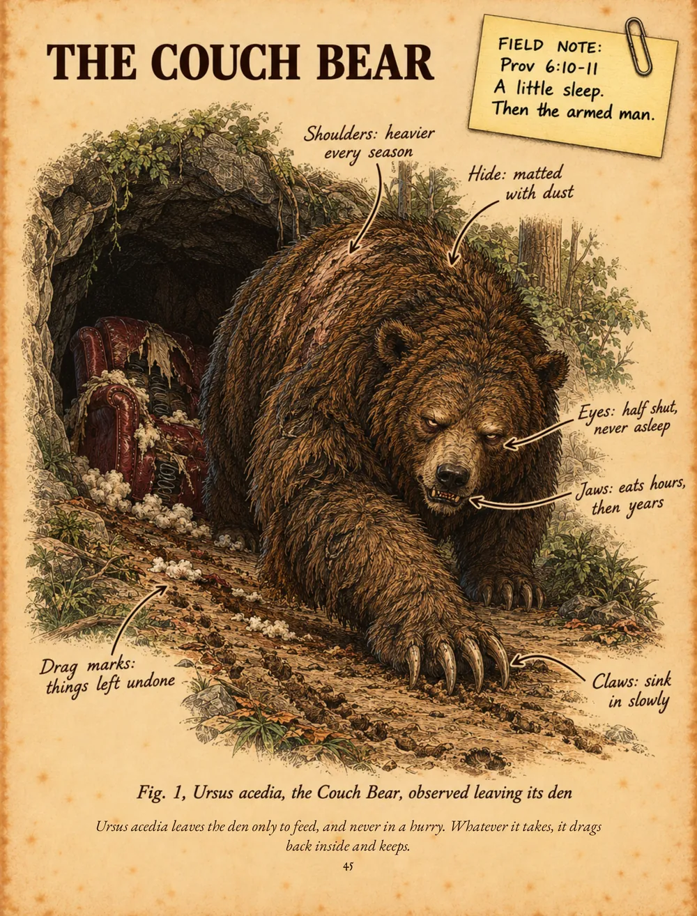Page 45 of the book: the plate of The Couch Bear, Ursus acedia, with field notes.