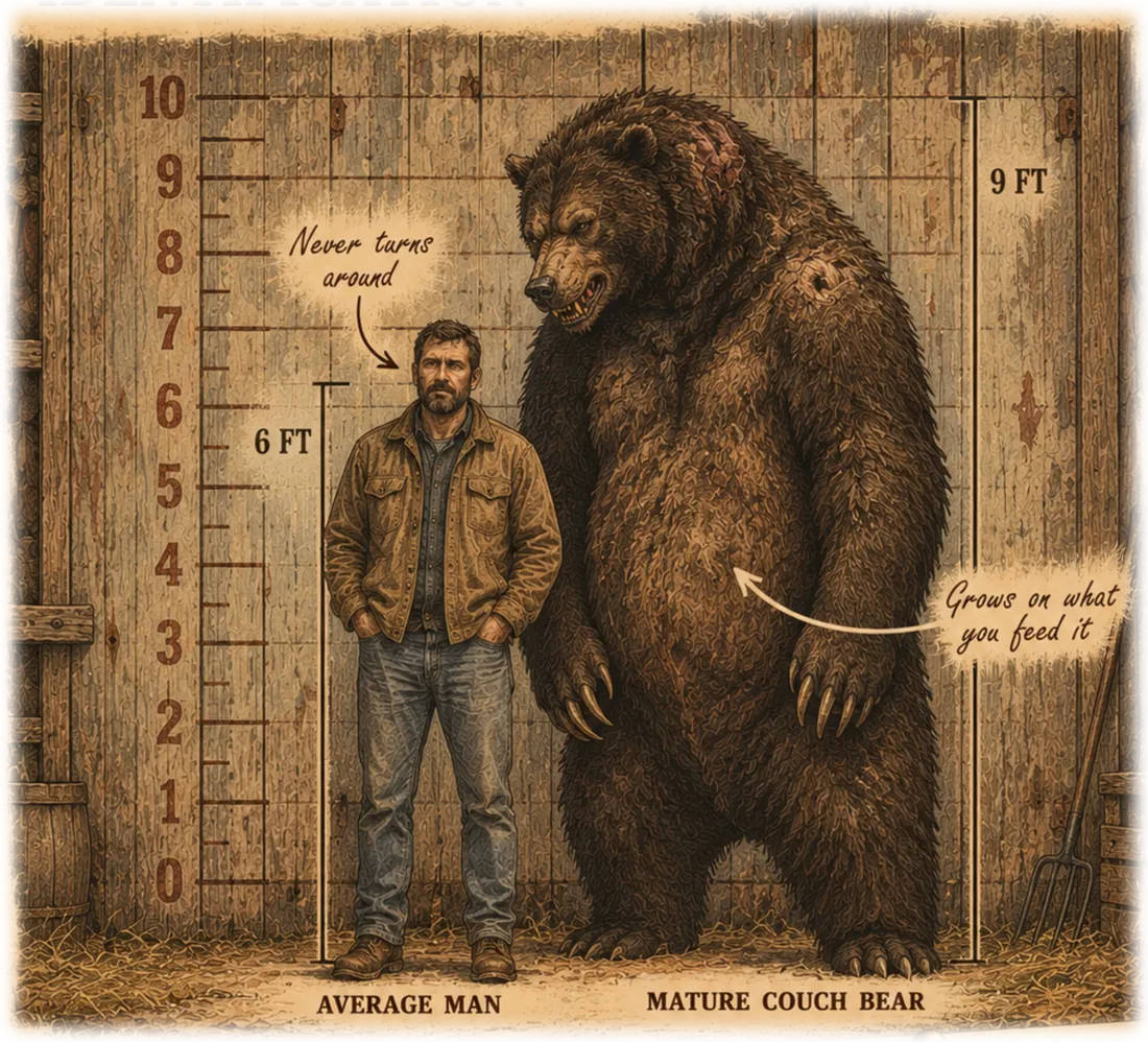Scale chart from the Couch Bear chapter: a nine-foot bear standing behind an average man who has not turned around.