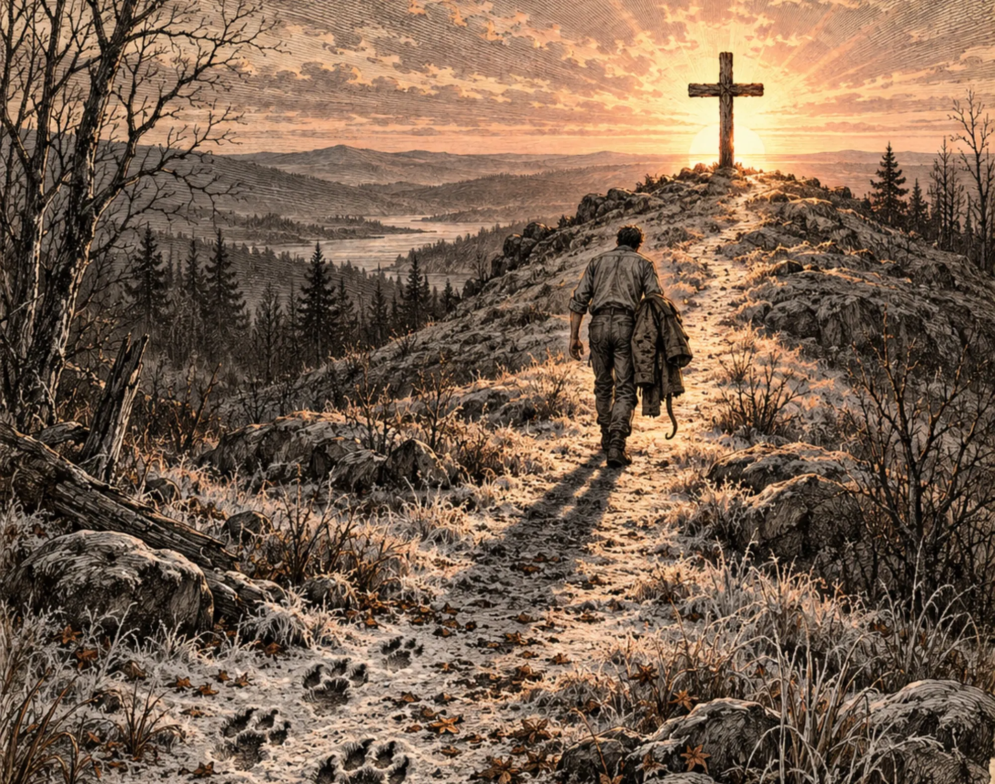 A man walks up a frosted hill at sunrise toward an empty rugged cross, carrying an empty coat.